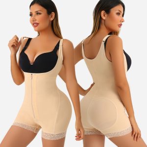 Beige Lace-Stitched Shapewear Bodysuit with Hip Lift Design Model Display