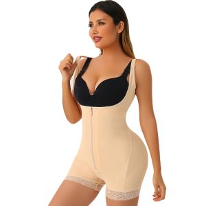 Beige Lace-Stitched Shapewear Bodysuit with Hip Lift Design Side View