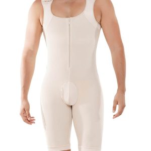 Beige Men's Full Body High-Elastic Mesh Shapewear with Back Cross Front View