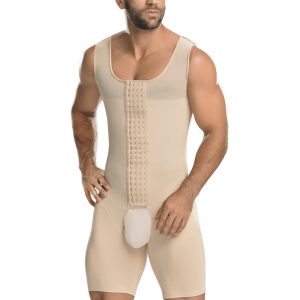 Beige Men's High-Elastic Mesh Full Body Shapewear with 5-Layer Hooks Front View