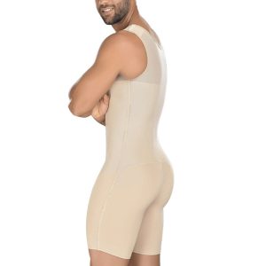 Beige Men's High-Elastic Mesh Full Body Shapewear with 5-Layer Hooks Site View