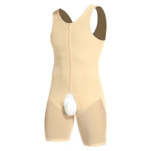 Beige Men's High-Elastic Mesh Full Body Shapewear with Zipper