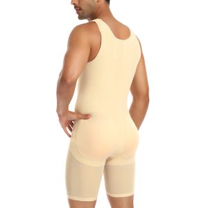 Beige Men's High-Elastic Mesh Full Body Shapewear with Zipper Back View