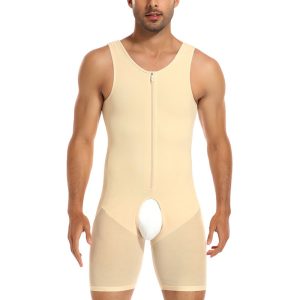 Beige Men's High-Elastic Mesh Full Body Shapewear with Zipper Front Model Show