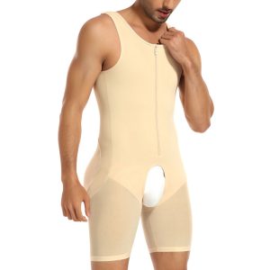 Beige Men's High-Elastic Mesh Full Body Shapewear with Zipper Left Site View