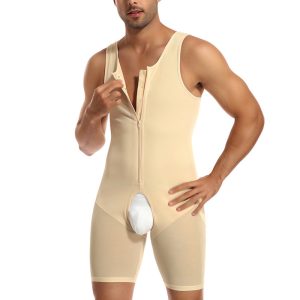 Beige Men's High-Elastic Mesh Full Body Shapewear with Zipper Site View