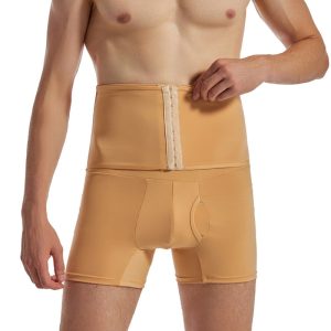 Beige Men's High-Waist Shaping Shorts with Hip Pads Model Show