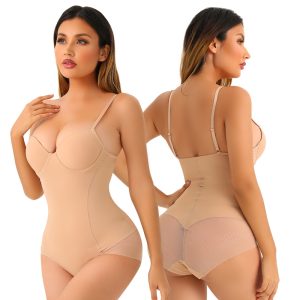 Beige Underwire Bra Shapewear Bodysuit with Double Layer Control Model Show