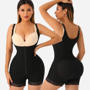 Black Lace-Stitched Shapewear Bodysuit with Hip Lift Design Model Dispaly