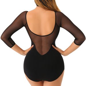 Black Long-Sleeved Breathable Mesh Shapewear Bodysuit Back Show