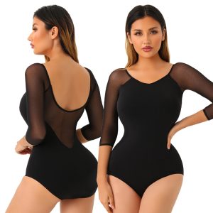 Black Long-Sleeved Breathable Mesh Shapewear Bodysuit Model Display