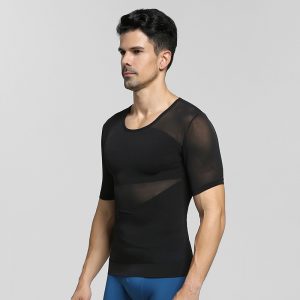 Black Men's Body Shaping T-Shirt with Breathable Mesh Model Show