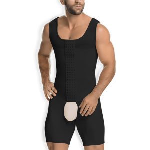 Black Men's High-Elastic Mesh Full Body Shapewear with 5-Layer Hooks Model Show