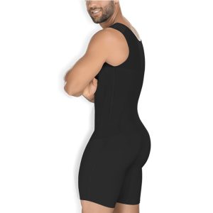 Black Men's High-Elastic Mesh Full Body Shapewear with 5-Layer Hooks Site View