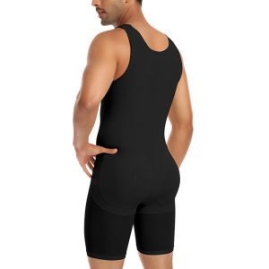 Black Men's High-Elastic Mesh Full Body Shapewear with Zipper Back View