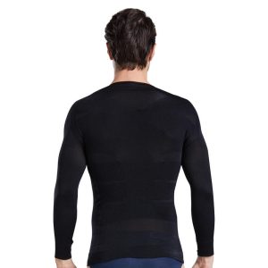 Black Men's Long Sleeve Shapewear T-Shirt with Ribbed Arm Shaping Back Show]