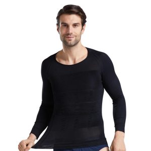 Black Men's Long Sleeve Shapewear T-Shirt with Ribbed Arm Shaping Front Display