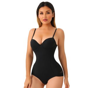 Black Underwire Bra Shapewear Bodysuit with Double Layer Control