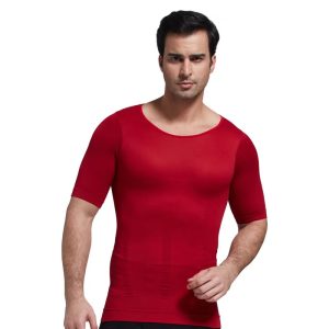 Red Mens Bodyshaper Seamless Shirt Tummy Control Slimmer Undershirt View Front