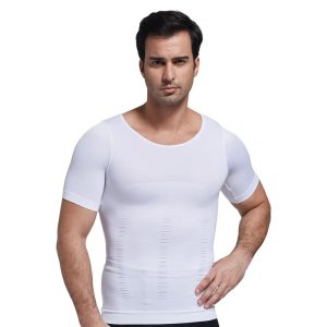 White Mens Bodyshaper Seamless Shirt Tummy Control Slimmer Undershirt View Front