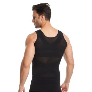 Black Men Short Sleeve Shirt Waist Trainer Vest Corset With Zipper Behind