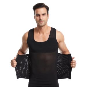 Black Men Short Sleeve Shirt Waist Trainer Vest Corset With Zipper Front