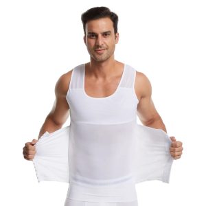 White Men Short Sleeve Shirt Waist Trainer Vest Corset With Zipper Front