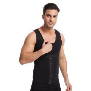 Black Men Short Sleeve Shirt Waist Trainer Vest Corset With Zipper Front