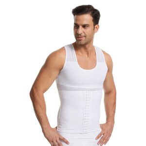 White Men Short Sleeve Shirt Waist Trainer Vest Corset With Zipper Front