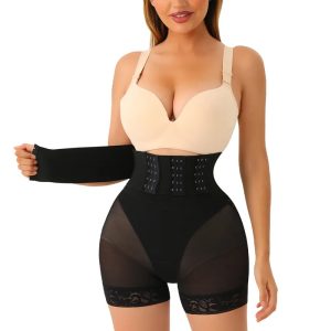 Black Lace Butt Lifter 2 In 1 Bandage Wrap Waist Trainer Women View Front