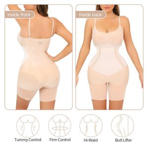 Seamless Tummy Control Bodysuit Women Open Crotch Shapewear beige backSlimming