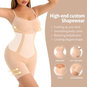 Seamless Tummy Control Bodysuit Women Open Crotch Shapewear beige detailsSlimming