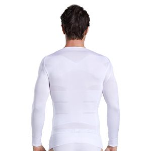 White Men's Long Sleeve Shapewear T-Shirt with Ribbed Arm Shaping Back Show