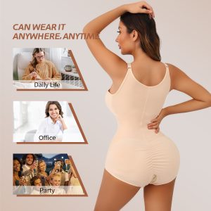 Beige Breathable Plus Size Bodysuit with Hip Enhancing Back View