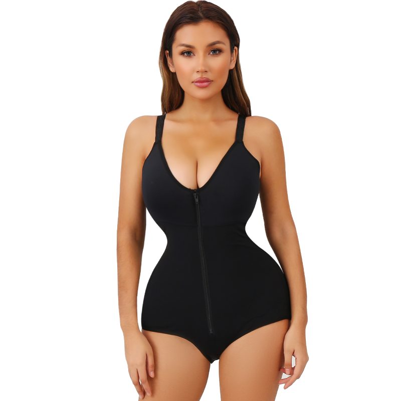 Black Breathable Plus Size Bodysuit with Hip Enhancing