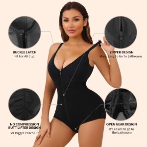 Black Breathable Plus Size Bodysuit with Hip Enhancing Details