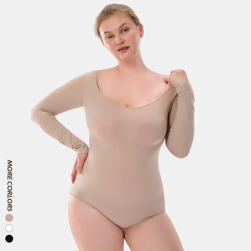 Beige Elegant Long-Sleeve High-Stretch Fabric Shapewear Bodysuit