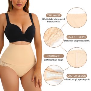 Beige Lace High Waist Boned Thong Shapewear for Plus Size Women Feature Details