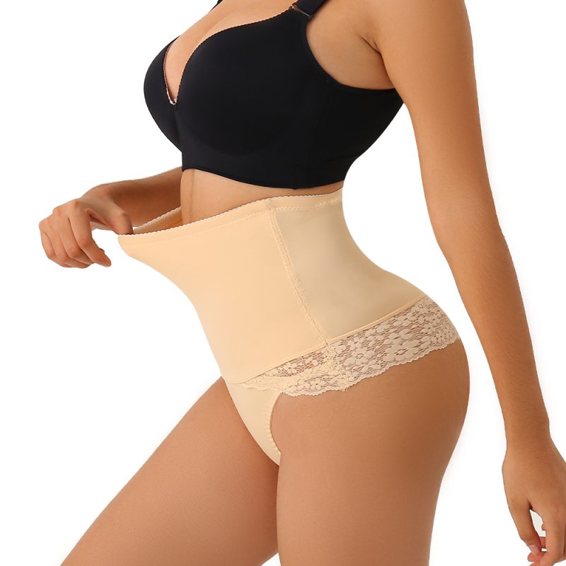 Beige Lace High Waist Boned Thong Shapewear for Plus Size Women Side View