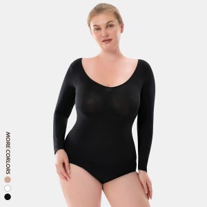 Black Elegant Long-Sleeve High-Stretch Fabric Shapewear Bodysuit