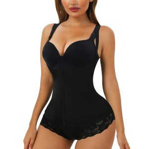 Body Shapewear en caoutchouc noir élégant avec fermeture à glissière sur la poitrine et dentelle triangulaire