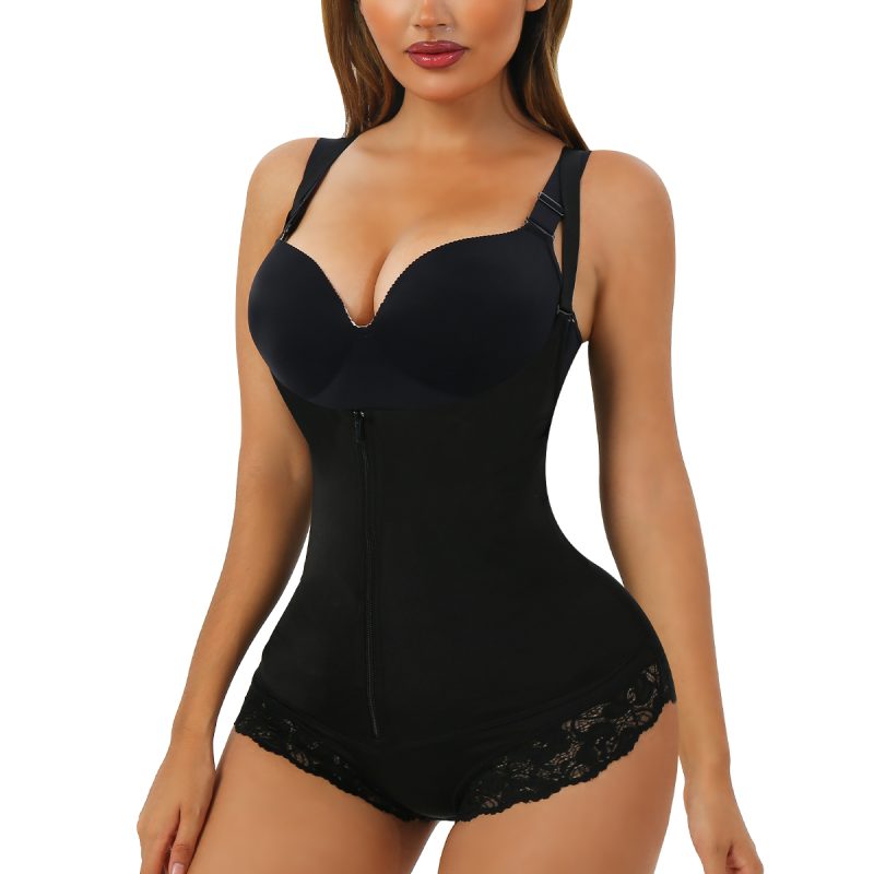 Body Shapewear en caoutchouc noir élégant avec fermeture à glissière sur la poitrine et dentelle triangulaire