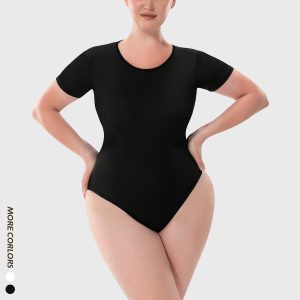 Black Versatile Round Neck Solid Color Body Sculpting Bodysuit