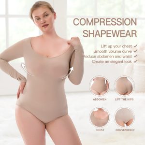 Elegant Long-Sleeve High-Stretch Fabric Shapewear Bodysuit Front Details