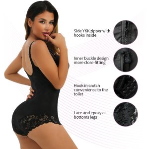 Elegant Rubber Shapewear Bodysuit with Breasted Zipper and Triangle Lace Feature Details