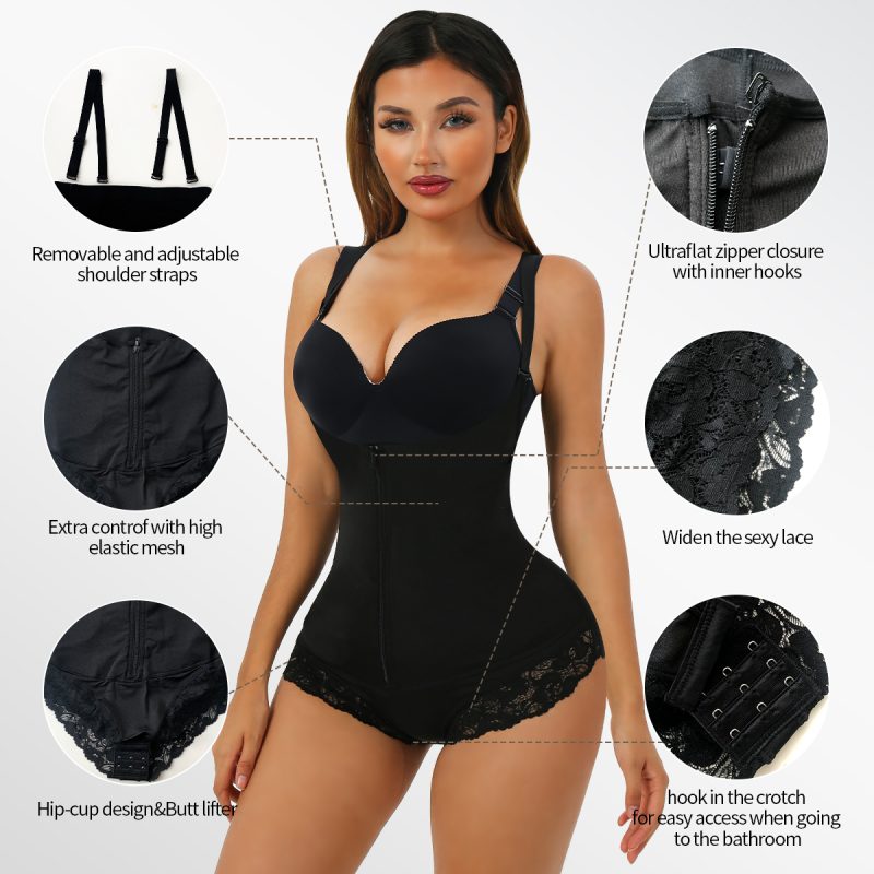 Body Shapewear élégant en caoutchouc avec fermeture à glissière au niveau de la poitrine et détails en dentelle sur le devant du triangle