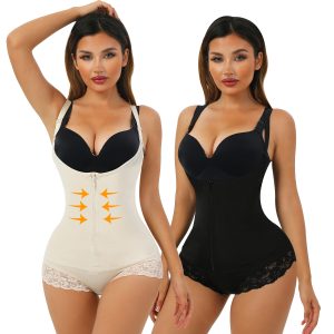 Elegant Rubber Shapewear Bodysuit with Breasted Zipper and Triangle Lace Model Display