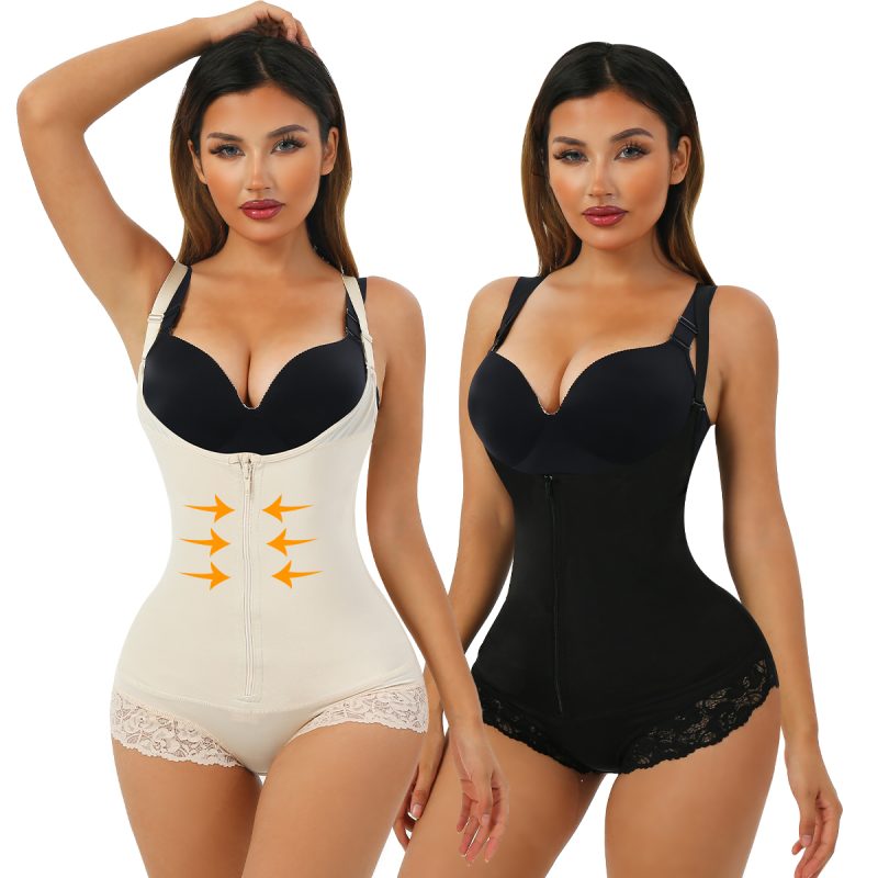 Body Shapewear élégant en caoutchouc avec fermeture à glissière sur la poitrine et triangle en dentelle Présentation du modèle