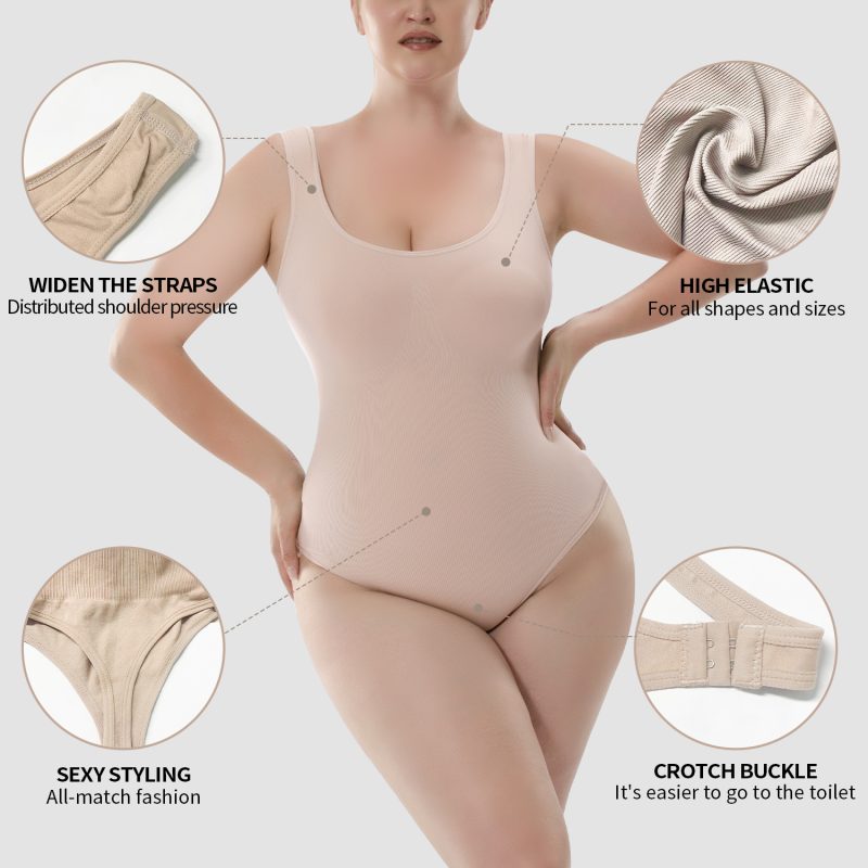 Elegant T-Shaped Seamless Shapewear Bodysuit with Integrated Spaghetti Strap Front Details