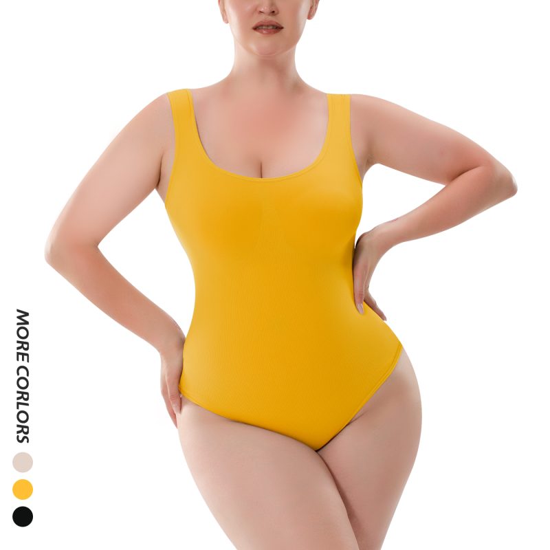 Yellow Elegant T-Shaped Seamless Shapewear Bodysuit with Integrated Spaghetti Strap